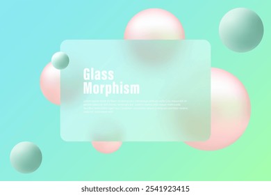 Glass morphism website landing page template. Frosted glass partition with floating spheres.