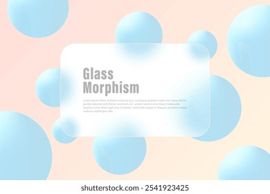 Glass morphism website landing page template. Frosted glass partition with floating spheres.