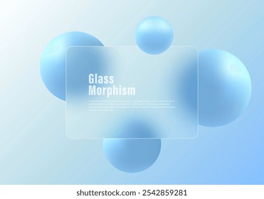Glass morphism website landing page template. Frosted glass partition with floating spheres.