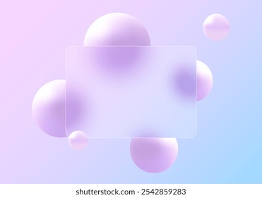 Glass morphism website landing page template. Frosted glass partition with floating spheres.