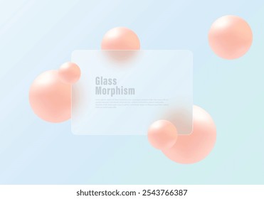 Glass morphism website landing page template. Frosted glass partition with floating spheres.