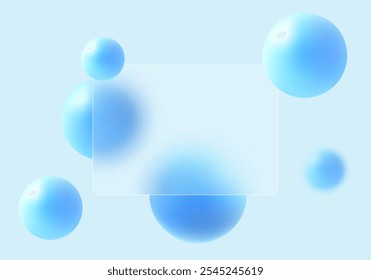Glass morphism website landing page template. Frosted glass partition with floating spheres.