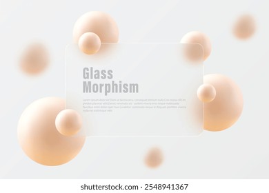 Modelo de página inicial do site Glass Morphism. Divisória de vidro fosco com esferas flutuantes.