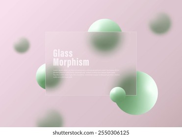 Glass morphism website landing page template. Frosted glass partition with floating spheres.