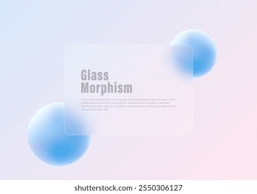 Glass morphism website landing page template. Frosted glass partition with floating spheres.