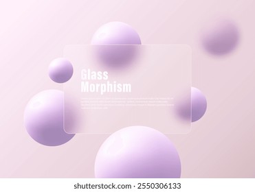 Glass morphism website landing page template. Frosted glass partition with floating spheres.