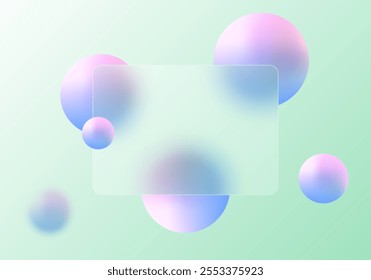Modelo de página inicial do site Glass Morphism. Divisória de vidro fosco com esferas flutuantes.