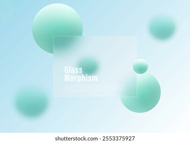 Glass morphism website landing page template. Frosted glass partition with floating spheres.