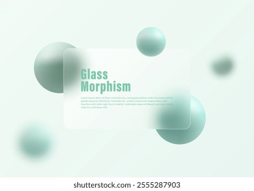 Glass morphism website landing page template. Frosted glass partition with floating spheres.