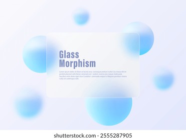 Glass morphism website landing page template. Frosted glass partition with floating spheres.