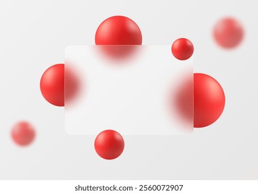 Glass morphism website landing page template. Glass partition background with floating red spheres.