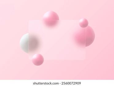 Glass morphism website landing page template. Frosted glass partition with floating pink spheres.