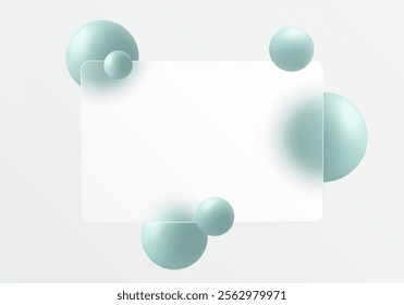 Glass morphism website landing page template. Translucent glass partition with floating spheres.