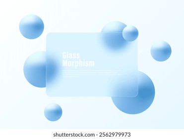 Glass morphism website landing page template. Translucent glass partition with floating blue spheres.