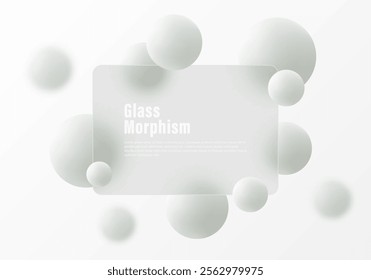 Glass morphism website landing page template. Translucent glass partition with floating spheres.