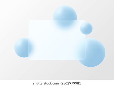 Glass morphism website landing page template. Translucent glass partition with floating blue spheres.