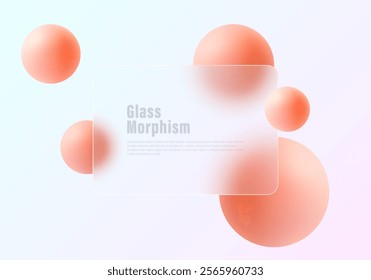 Glass morphism website landing page template. Translucent glass partition with floating spheres.