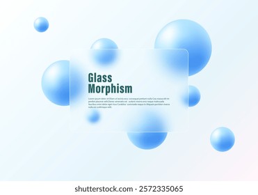 Glass morphism website landing page template. Frosted glass partition with floating blue spheres.