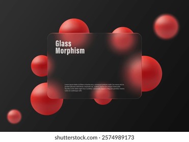 Glass morphism website landing page template. Gradient background graphite color with glass partition and floating red spheres.