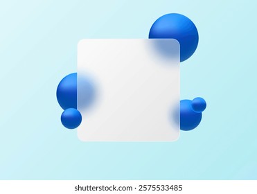 Glass morphism website landing page template. Transparent partition effect with floating blue spheres.