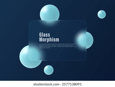 Glass morphism website landing page template. Gradient background in dark blue color with glass partition and levitating spheres.