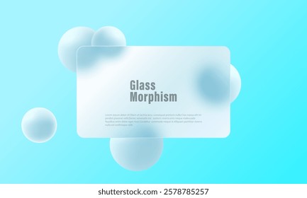 Glass morphism website landing page template. Panel made of transparent material with 3D spheres.