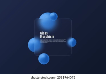 Glass morphism website landing page template. Presentation screen with glass overlay effect on floating gradient spheres. Frosted glass effect on dark background.