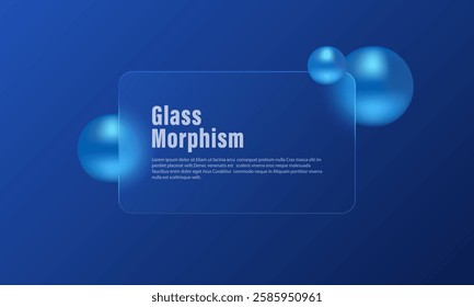 Glass morphism website landing page template .Blue gradient background and frosted glass partition with floating spheres.