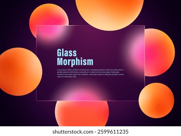 Glass morphism website landing page template. Frosted glass partition with floating orange spheres on dark gradient background.