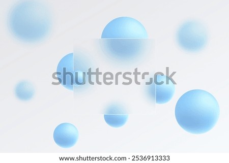 Glass morphism website landing page template. Frosted glass partition with floating blue spheres.