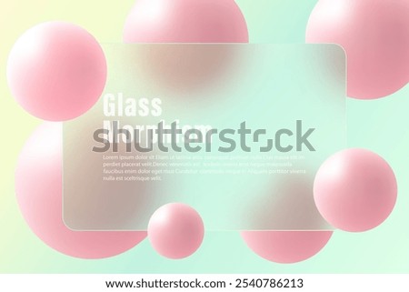 Glass morphism website landing page template. Frosted glass partition with floating spheres.