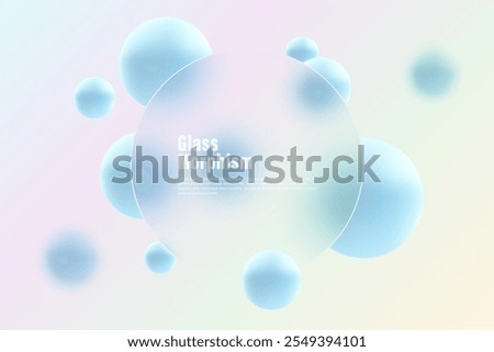 Glass morphism website landing page template. Round frosted glass partition with floating blue spheres.