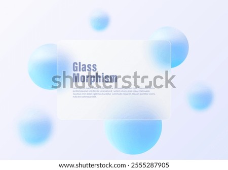 Glass morphism website landing page template. Frosted glass partition with floating spheres.