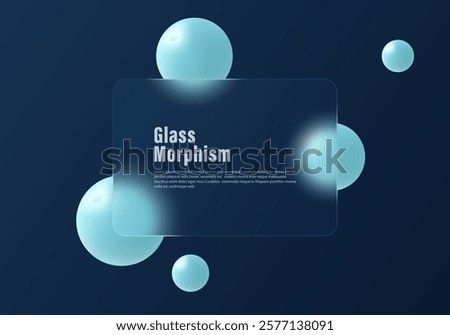 Glass morphism website landing page template. Gradient background in dark blue color with glass partition and levitating spheres.