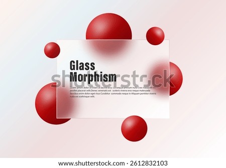 Glass morphism website landing page template. Light gradient background with a divider or border and floating red spheres
