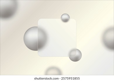 Glass morphism, website template with transparent rectangle and gray spheres.