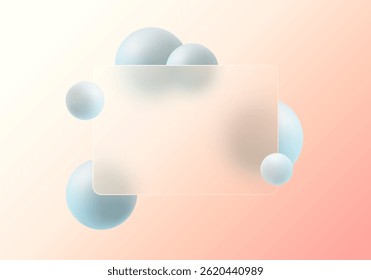 Glass morphism-style abstract background with soft pastel gradient, translucent panel, and 3D blue spheres for modern minimal illustration.