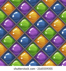 Glass mosaic texture in Halloween colors. Seamless pattern of tile wall for bathroom, shower, kitchen or pool. Vector cartoon background of green, orange, purple and blue square blocks
