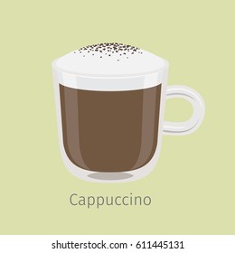 Glass mug of aromatic cappuccino flat vector. Hot invigorating drink with caffeine. Coffee with frothing milk and chocolate sprinkle on creamy foam illustration for coffee house or cafe menus design