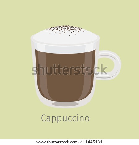 Glass mug of aromatic cappuccino flat vector. Hot invigorating drink with caffeine. Coffee with frothing milk and chocolate sprinkle on creamy foam illustration for coffee house or cafe menus design