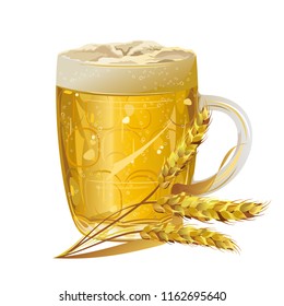 Glass mug of beer and barley ears, realistic vector illustration.