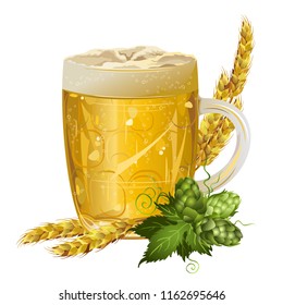 Glass mug of beer with barley ears and hop seed cones, realistic vector illustration.