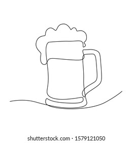 Glass mug with beer in continuous line art drawing style. Minimalist black line sketch on white background. Vector illustration