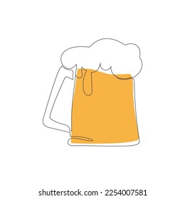 Glass mug with beer in continuous line art drawing style. Minimalist black line sketch on white background. Vector illustration.