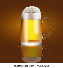 A glass mug with beer and foam. Banner, cover, advertising.