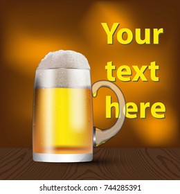 A glass mug with beer and foam. Banner, cover, advertising.