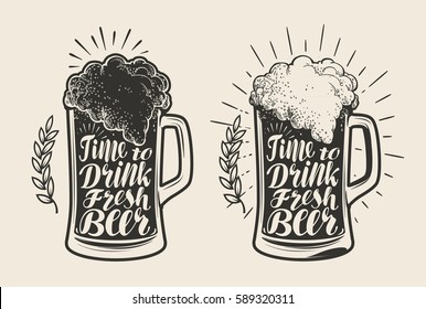 Glass, mug of beer with foam. Brewery, drink, ale symbol. Lettering, calligraphy vector illustration