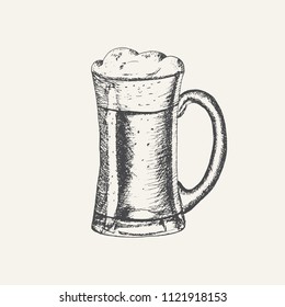 Glass mug with beer and beer foam overflowing over the edge isolated on white background. Hand drawn sketch in vintage engraving style. Light Alcohol Drink. Vector illustration for Oktoberfest