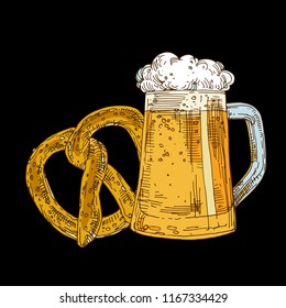 Glass mug of beer with foam and pretzel on black background. Hand drawn line art stock vector illustration.