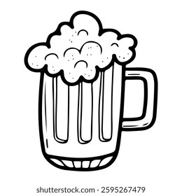 Glass mug of beer. Hand drawn doodle. Alcoholic malt drink. Foamy beverage. Vector line art illustration.